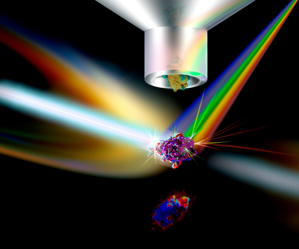 Microscope analyzing a colorful mineral sample with light beams and spectral reflections.