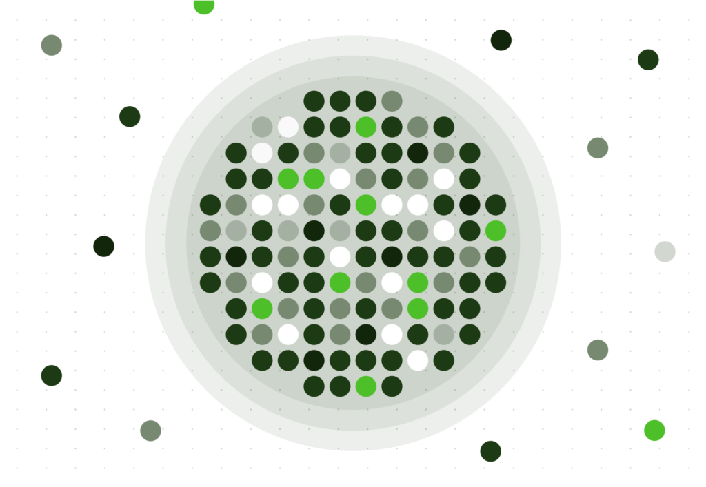 Circular pattern of green, dark green, and white dots with concentric shaded rings on white background