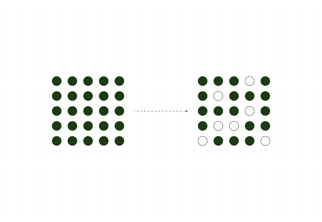 Grid of solid dots transforming into a grid with some dots replaced by empty circles.