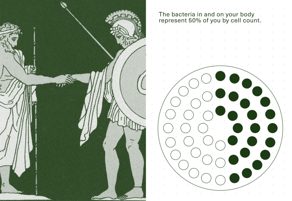 Ancient Greek figures shaking hands beside a diagram showing bacteria make up 50% of body cells.