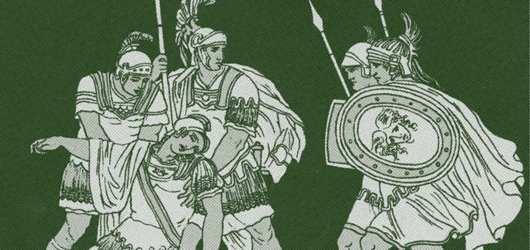 Ancient warriors in helmets and armor holding spears and a shield in a battle scene.