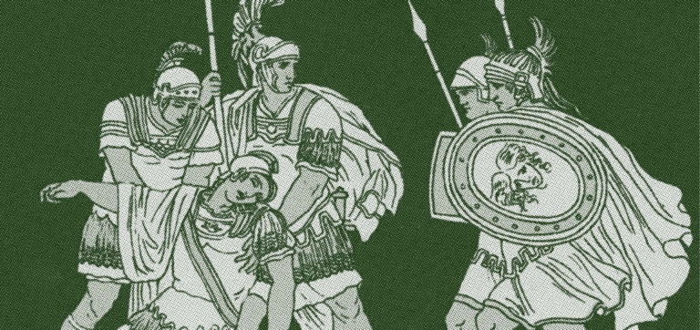 Ancient warriors in helmets and armor holding spears and a shield in a battle scene.