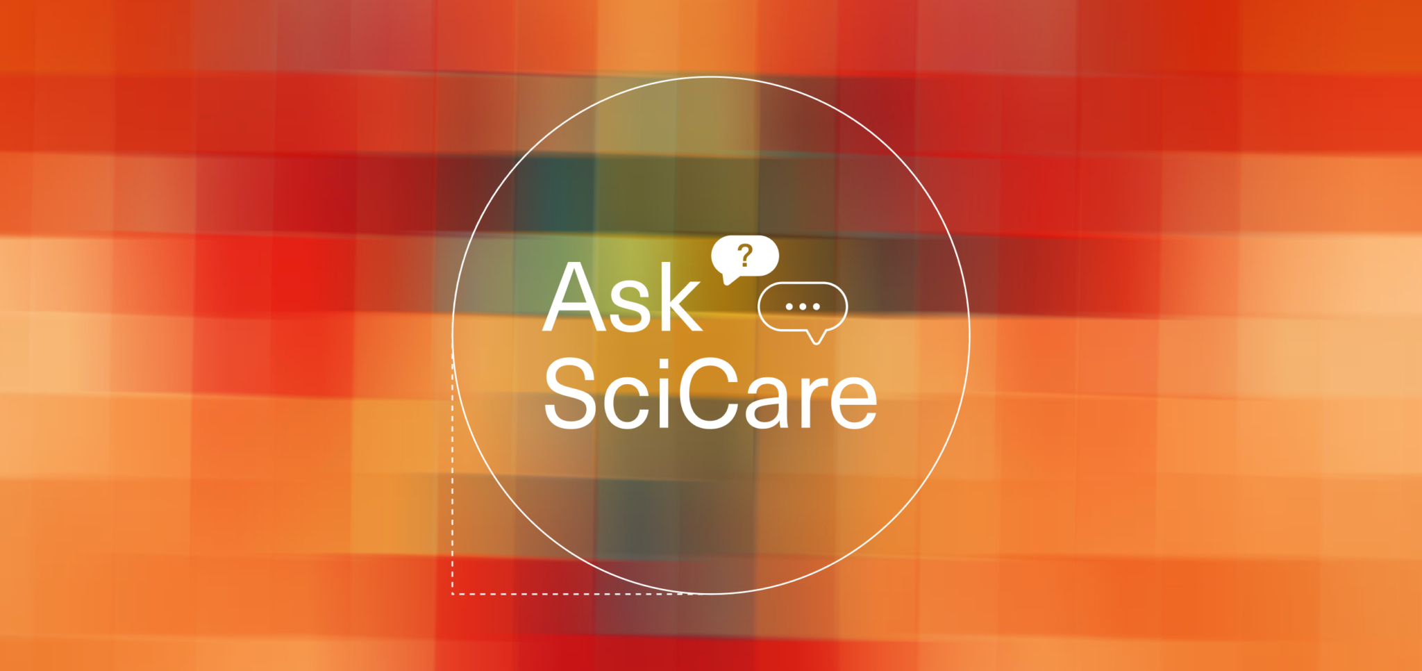 Ask SciCare text with speech bubbles on an orange and red pixelated background