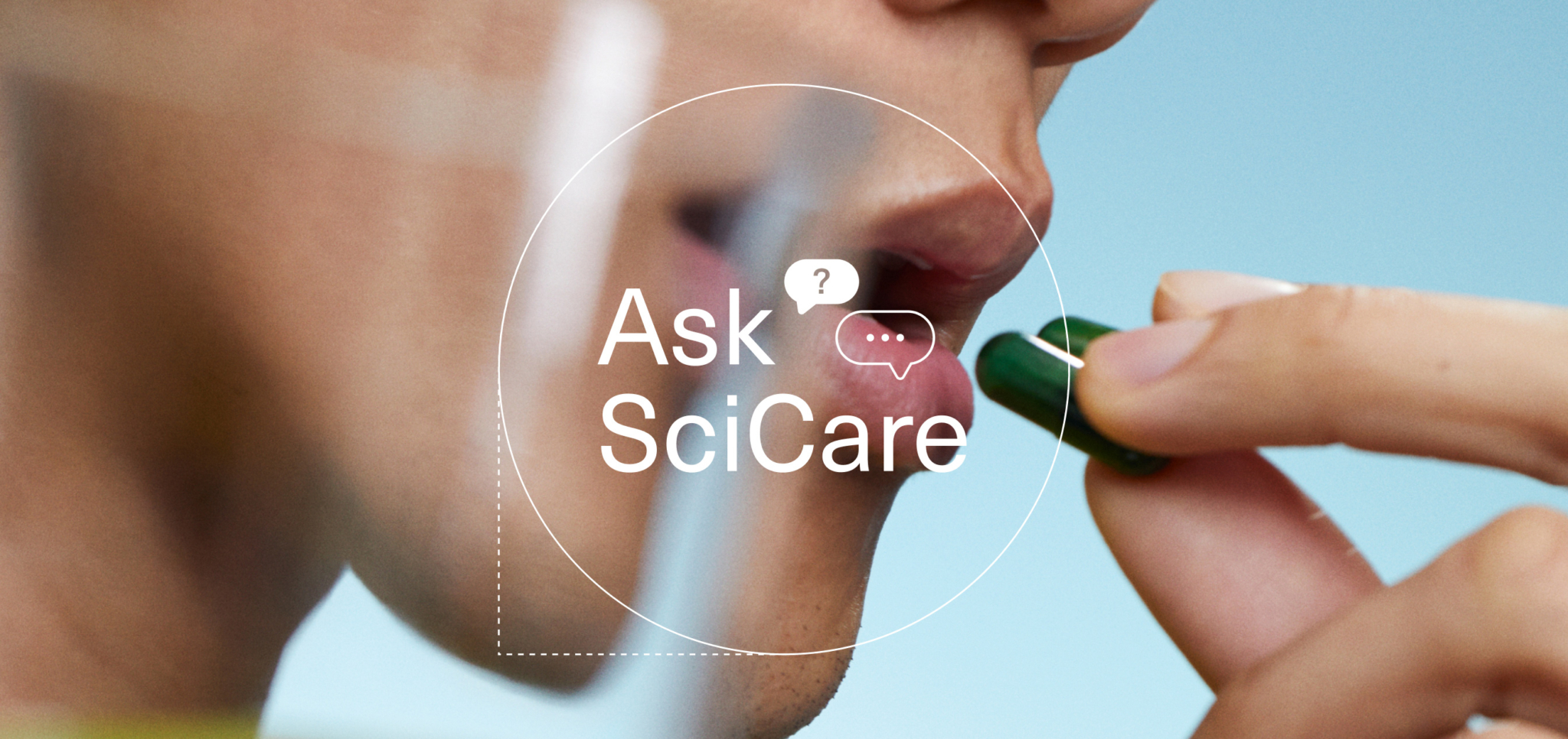 Person holding a green capsule near their mouth against a blue background with text overlay.