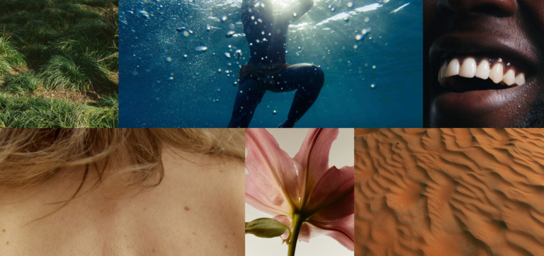 Grass field, underwater person, smiling mouth, back skin, pink flower, desert sand dunes