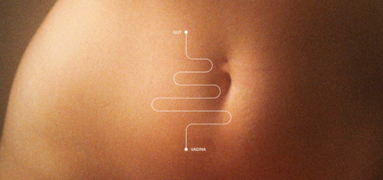 Close-up of a human abdomen with a diagram showing the path from gut to vagina.