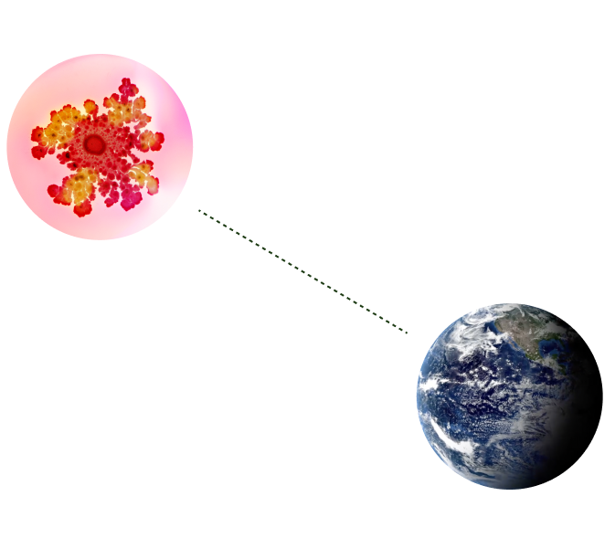 Microscopic image of bacteria linked to picture of Earth from space by a dotted line