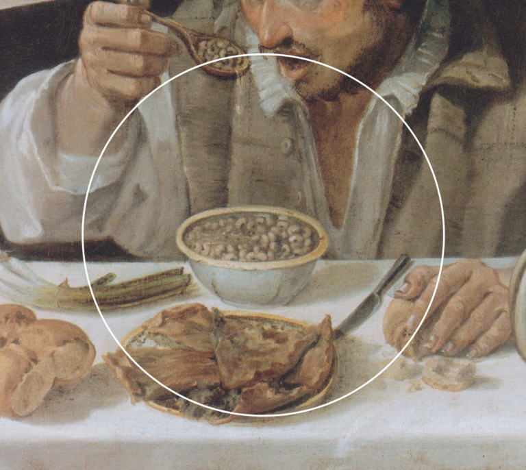 Man eating soup with bread and pie on a table in a classical painting.
