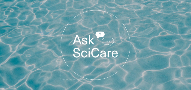 Text "Ask SciCare" with speech bubbles over a blue water surface background.