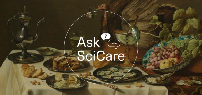 Still life painting with food, fruits, a turkey, and a silver pitcher on a tablecloth.