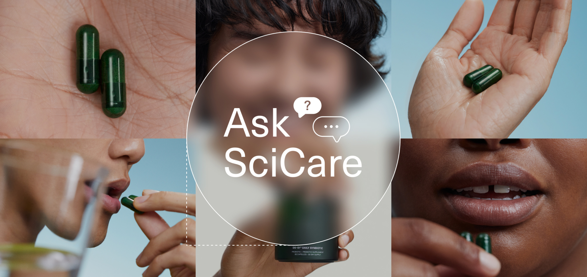 Green capsules in hand and being taken with water, with "Ask SciCare" text overlay.