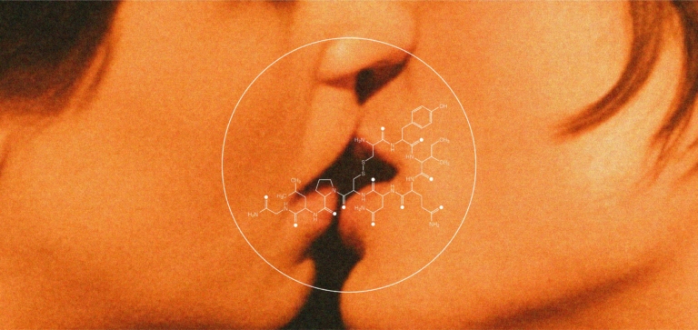 Close-up of two people kissing with a chemical structure overlay in a circle.