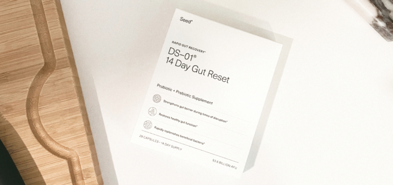 Med-Lock DS-01 14 Day Gut Reset probiotic and prebiotic supplement box on white surface.
